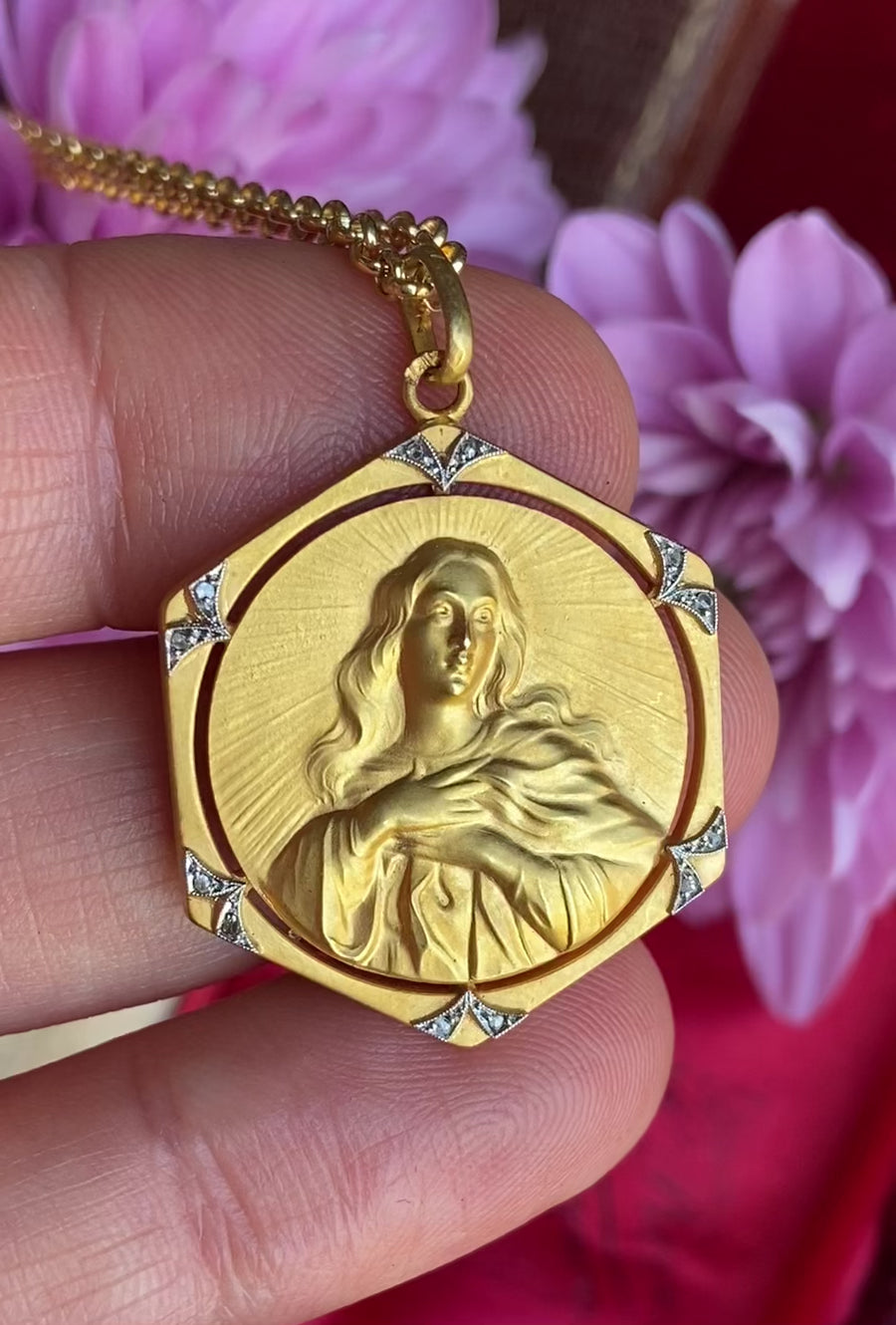 Mother Mary Art Deco Diamond Medal Pendant
