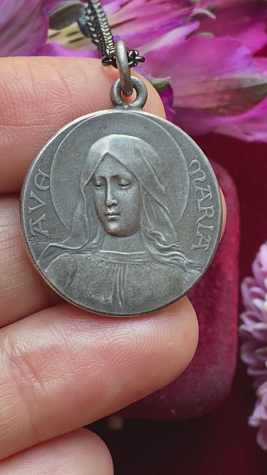 Antique Mother Mary Ave Maria Medal Pendant