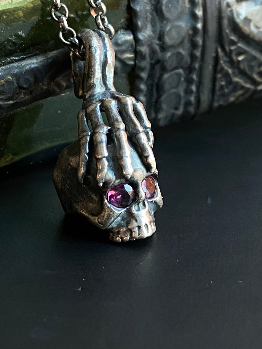 Gothic Skull Necklace with Rhodolite Garnet Gemstones - ShopSacredBarcelona