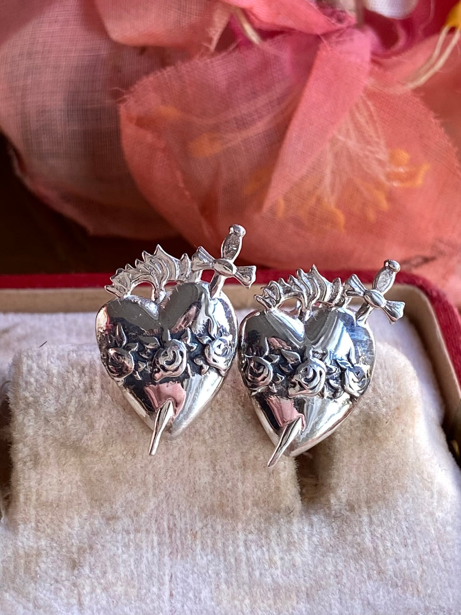 Silver Flaming Heart Earrings - ShopSacredBarcelona